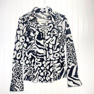 Cache Black & White Collared Zebra Sequin Snap Button Up Y2K Blouse Size Medium